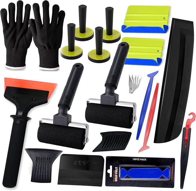 NEWISHTOOL Vinyl Wrap Tool Kit Tint Tools with Sponge Seam Roller, Window Scraper, Felt Squeegee, Magnet Holders, Gloves and Micro Tucking Tool