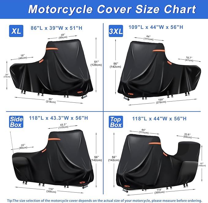 Heavy Duty Motorcycle Cover XL Waterproof Outdoor,600D Power Sports Vehicle Covers,Nano Silver Inner,5 Reflective Strips,3 Windproof Buckles,Air Vents,Rain UV Dust Proof(1XL 86" x 39" x 51" Black)