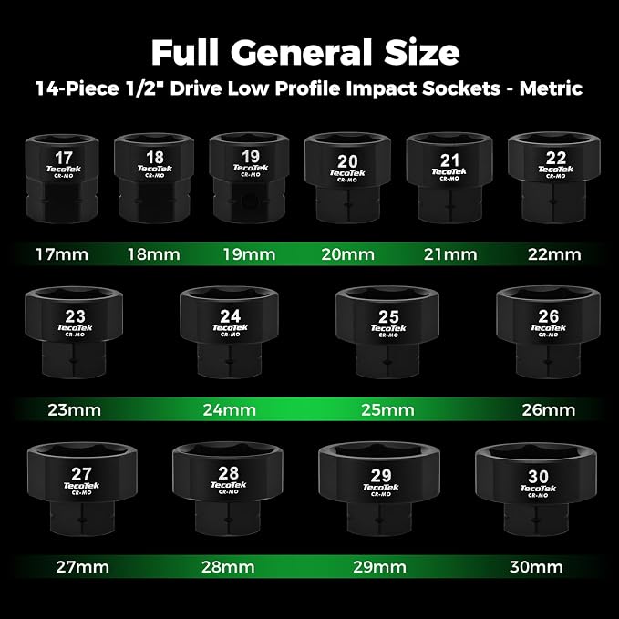 TecoTek 14-Piece 1/2-Inch Drive Metric Low Profile Impact Socket Set, Stubby Socket Set, 17mm - 30mm, No Skips Sizes, 6 Point, Cr-Mo, Shorter Socket for Tight Areas