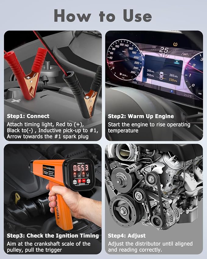 Digital Automotive Timing Light 12V, Inductive Ignition Timing Light Gun with Tachometer for 2&4 Stroke Petrol Engine for Classical Car Motorcycle Marine