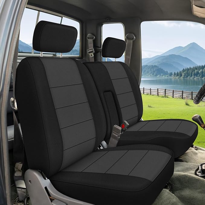Truck Bench Seat Cover Compatible with 1989-1994 Toyota Pickup 60/40 with Armrest, Heavy Duty Knitted Sponge(Black and Charcoal)