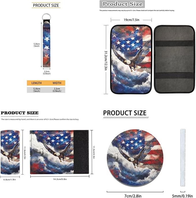 18pcs Car Accessories Set Car Seat Covers Steering Wheel Cover Auto Floor Mats Armrest Pad Covers Seat Belt Pads Roof Handle Wraps Cup Coaster Keychain (Eagle American Flag Design)
