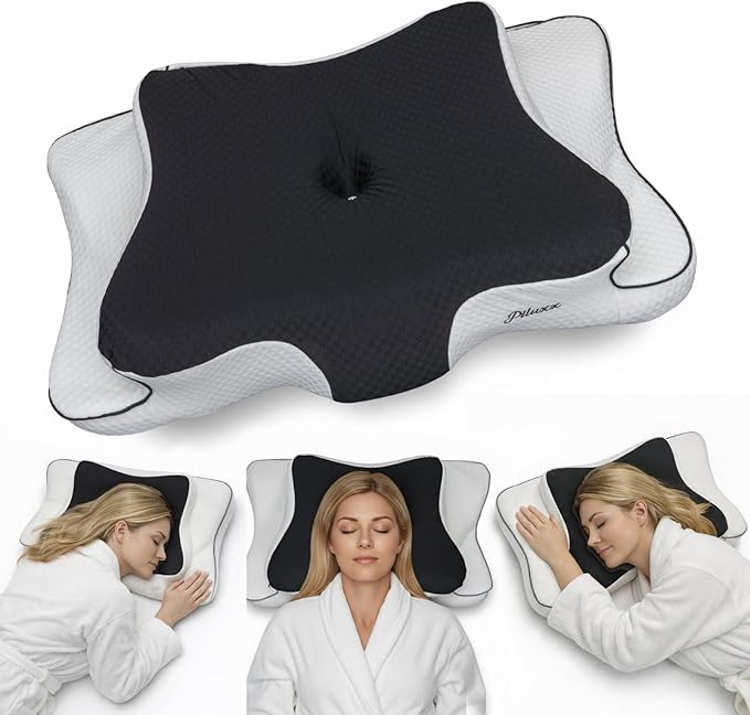 Cervical Neck Pillow for Sleeping – Cooling Memory Foam Cervical Pillow for Side Sleepers and Back Sleepers – Contour Ergonomic Neck Support (Black/White, Cooling)
