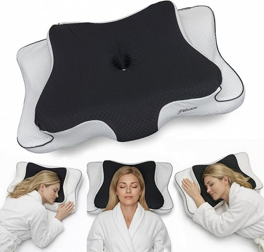 Cervical Neck Pillow for Sleeping – Cooling Memory Foam Cervical Pillow for Side Sleepers and Back Sleepers – Contour Ergonomic Neck Support (Black/White, Cooling)