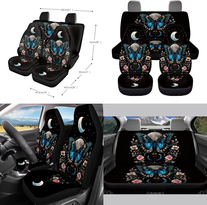 Butterfly Moon Daisy Rose Print Car Accessories Set of 10 Front and Back Seat Covers Cup Coasters Car Trash Bin Steering Wheel Cover Keychain Air Vent Storage Bag Univeral Fit
