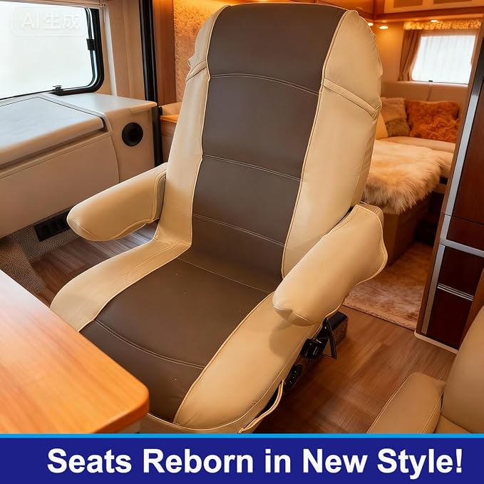 BeadChica 2 Pack RV Seat Covers-for Captains Chairs,Leather Motorhome Seat Covers for Class-A RV Seat with Arm Rest Covers,Coffee