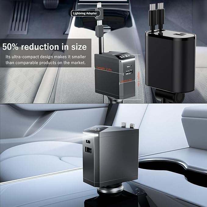 USB C Car Charger, 217W Max Ultra-Compact Type-C Fast Charger with Built-in Retractable Cable Car Adapter and iPhone Adapter for iPhone 15/14 Series,Samsung S24/S23, MacBookPro/Air, iPad, and More