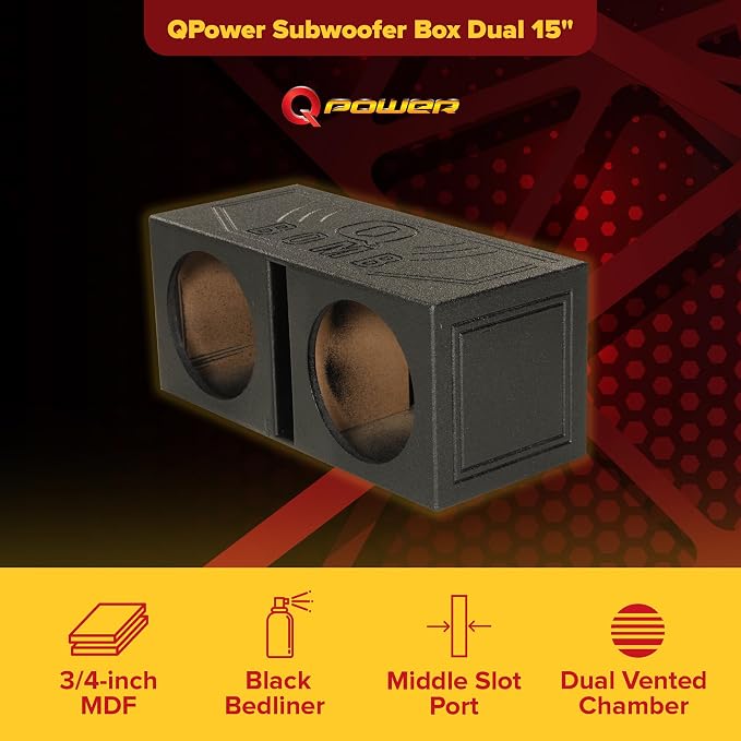 Q Power Q Bomb Series Dual 15 Inch Ported Car Subwoofer Sub Box Enclosure with Vented Chamber Design and Black Bed Liner Spray Finish, Black