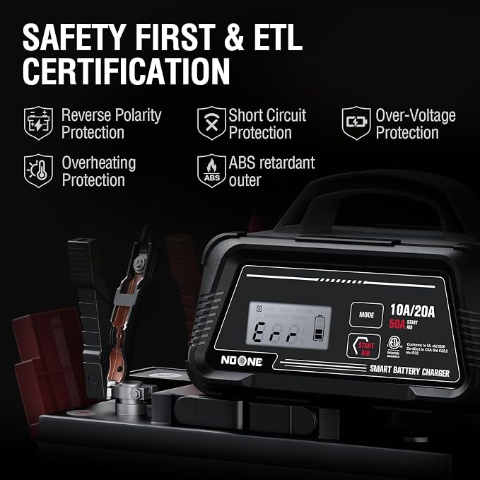 NOONE 10A/20A Smart Battery Charger & Maintainer - 12V/24V Fully Automatic with 50A Engine Start, Winter Mode, and Auto Repair - Car Trickle Charger for AGM, Gel, Deep Cycle & LiFePO4 Batteries