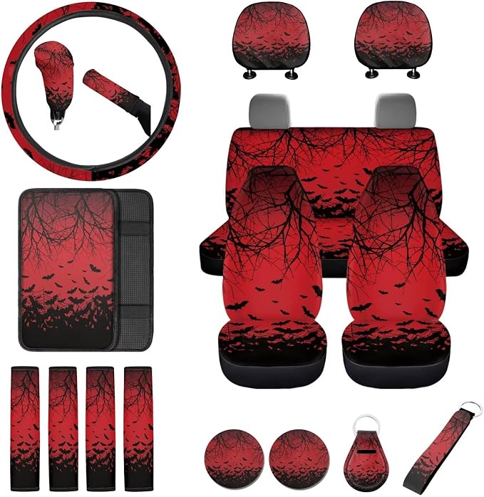 18Pcs Bat Car Seat Covers Full Set Center Console Cover+Steering Wheel Protector+Seat Belt Cover+Handbrake Protector+Car Cup Mats+Keychain+Headrest Cover Gothic Red Car Accessories
