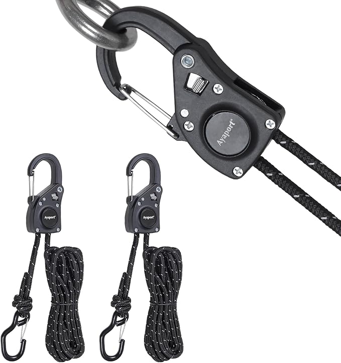 Ayaport Rope Tie Down Ratchet with Carabiner Clip 1/4" x 12' Rope Cord Tightener Heavy Duty Construction Kayak tie Downs for Tent, Tarp, Camping