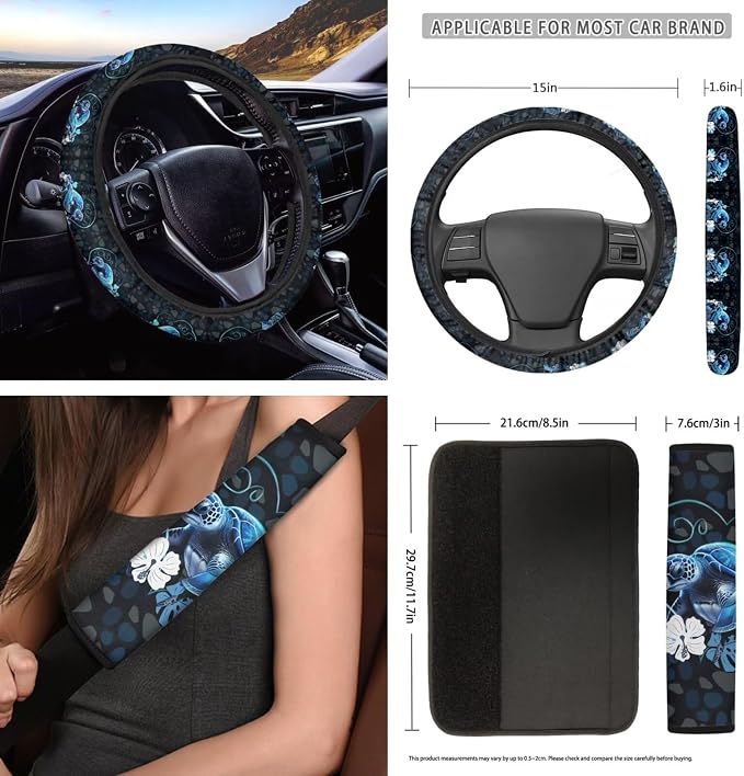 12 Pieces Car Accessories Sea Turtle Print Car Seat Covers Full Set,Seat Belt Pads,Steering Wheel Covers,Vehicle Key Chain,Cup Coasters,Lipstick Holder for Women Blue Black