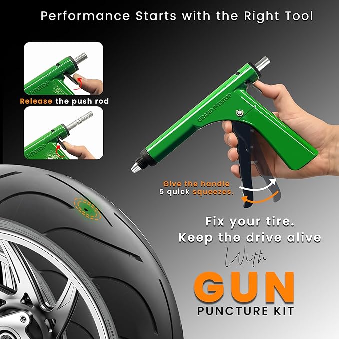 GRAND PITSTOP Tubeless Tire Gun Puncture Repair Kit with Mushroom Plug for Tyre Punctures and Flats on Cars, Motorcycles, ATV, Trucks & Tractors (Gun Puncture kit 15 Plugs, Green)