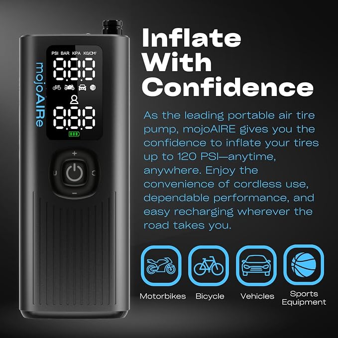 Tire Inflator Gauge Portable Air Compressor, Digital LED Display & Flashlight, 120 PSI/ 2x 2000 mAh Battery for Car Tires, Motorcycle, Bicycle - Cordless Tire Pump with Tire Pressure Gauge