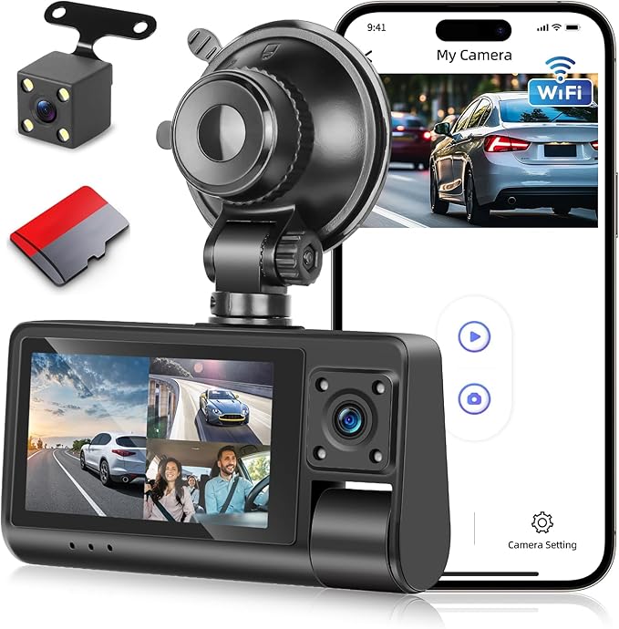 NHOPEEW 3 Channel Dash Cam for Cars, Dash Cam Front and Rear Inside, Bulit-in WiFi: 3 inch IPS Screen, 1080P Triple Dash Camera with 64GB Card, G-Sensor, Loop Record, Night Vision + Rearview Camera