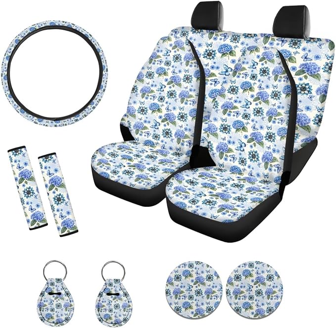 Xoenoiee Butterfly Mandala Hydrangea Floral Print 11 Pack Universal Car Seat Covers Front & Rear Car Interior Accessories with Steering Wheel Cover, Seat Belt Pads, Cup Coaster, Key Chains