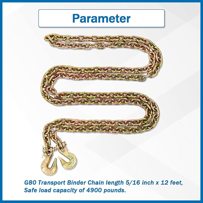 5/16 Inch x 12 Feet Transport Binder Chain G80 Safey Tow Chain with Grab Hooks 4900 Lbs Safe Work Load for Transporting Towing Tie Down Binding Equipment