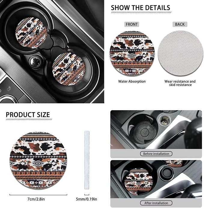 Wanyint Car Seat Cover Full Set 11 Pack, with Steering Wheel Gear Shift Knob Handbrake Headrest Protector Coasters Auto Accessories Decor Universal Fit, Aztec Cow Print Black Brown