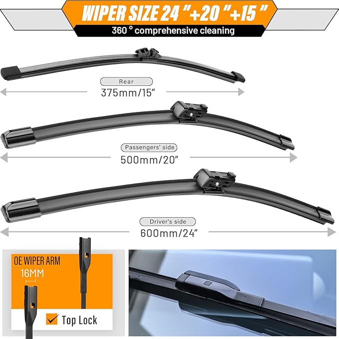AUTOBOO 24"+20" Windshield Wipers with 15" Rear Wiper Blade Replacement for Volvo XC90 2016-2024 XC40 2019-2024 V90 2017-2021 -Original Factory Quality (Pack of 3)