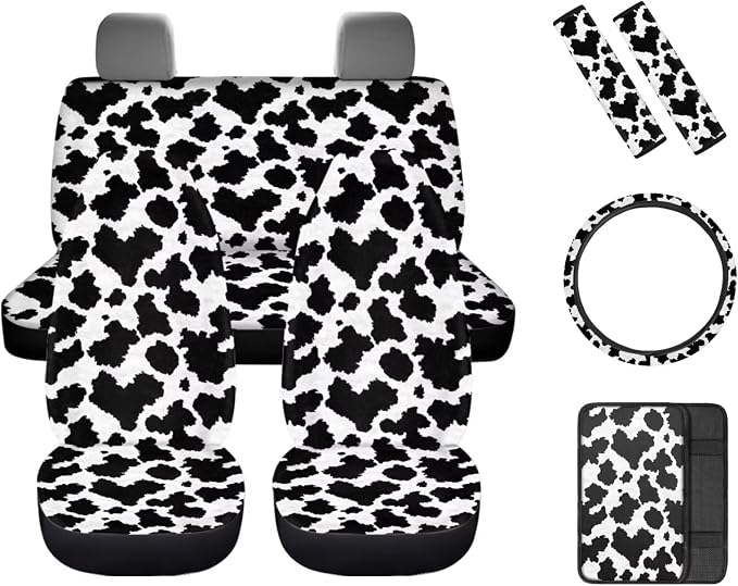 8 Pcs Cow Print Car Interior Accessories Set for Women, Car Seat Covers with Steering Wheel Cover Shoulder Pads Auto Center Console Pad, Automotive Decorations