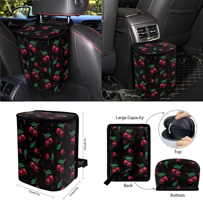 Cherry Print Car Seat Cover Set of 15, Decorative Front Back Seat Covers Steering Wheel Cover Safety Belt Pads Garbage Bag Car Air Vent Storage Bag Cup Mats, Easy to Install