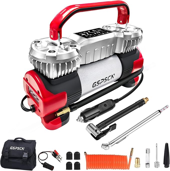 GSPSCN Digital Tire Inflator 12V Heavy Duty Metal Portable Air Compressor | 6X Faster Inflation Auto Shut-off Dual Cylinder Air Pump 150PSI LED Light w/Pencil Pressure Gauge for Car,Pickup,SUV,RV,Balls