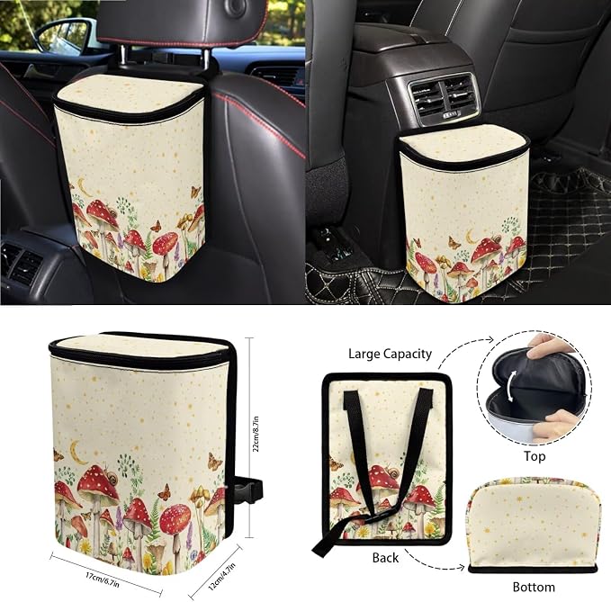 Mushroom Snail Moon Stars 15Pcs Car Seat Cover Full Set Car Steering Wheel Cover Seat Belt Cover Trash Bin Air Vent Storage Box Front Rear View Mirror Car Cup Holder Keychain