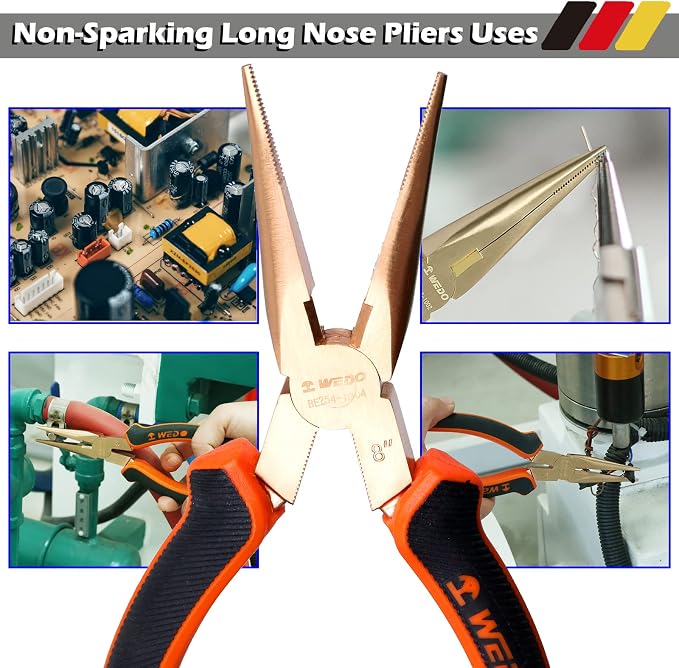 WEDO Non-Sparking 8" Needle Nose Pliers, Long Nose Pliers with Wire Cutters, Used for Cutting Clamping Pinching Jewelry Making, Non-Magnetic, DIN Standard, BAM & FM Certificate, Beryllium Copper
