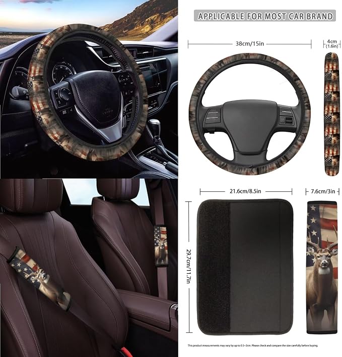 American Flag Deer Print Car Seat Cover Full Set 15 Pcs with Steering Wheel Cover Seat Belt Pads Cup Coasters Trash Bag Air Vent Case Rearview Mirror Cover Keychain Auto Accessories