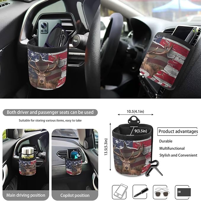 3D Deer American Flag Print 10pcs Car Accessories, Non Fading Auto Front & Rear Seat Cover Steering Wheel Cover Car Trash Can Keychains Coasters Air Vent Storage Bag for Women Men