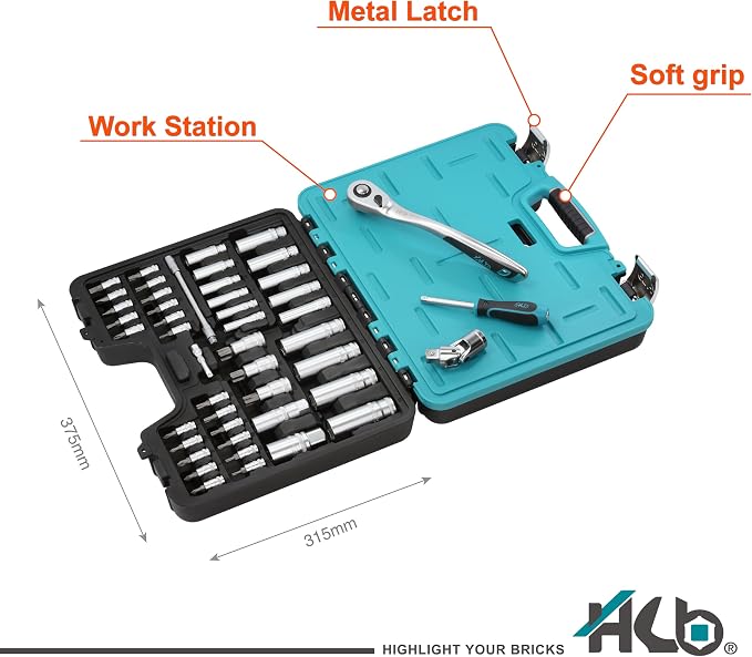 HB 169-Piece Socket Set AKM002-U | 120-Tooth Offset Reversible Ratchet Handles 1/2 3/8 1/4 Inch Drive | SAE Metric Deep Sockets TORX Bits | Chrome Vanadium Steel Portable Carry Case Made in Taiwan