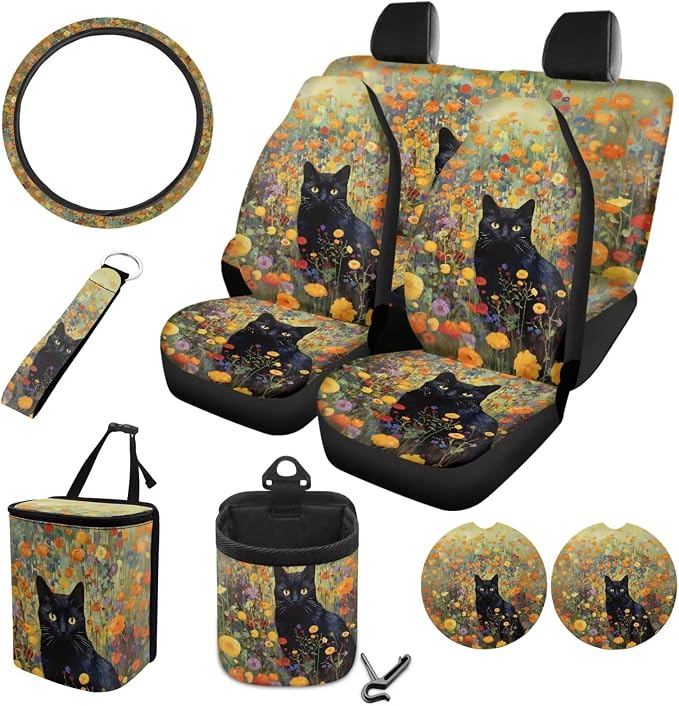 Cat Flower Print Auto Seat Covers Full Set, 10Pcs Car Accessories, Steering Wheel Cover, Air Vent Storage Box, Car Trash Bin, Cup Coasters, Keychain, Universal Fit for SUV Truck Van