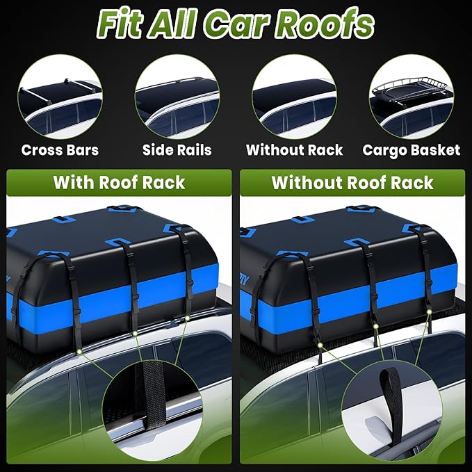 APTY 21 Cubic Feet Car Rooftop Cargo Bag Carrier, Soft Roof Top Luggage Bag for All Vechicles with/Without Racks - with Waterproof Zip, Luggage Lock, Anti-Slip Mat, Storage Bag, Door Hooks, Blue