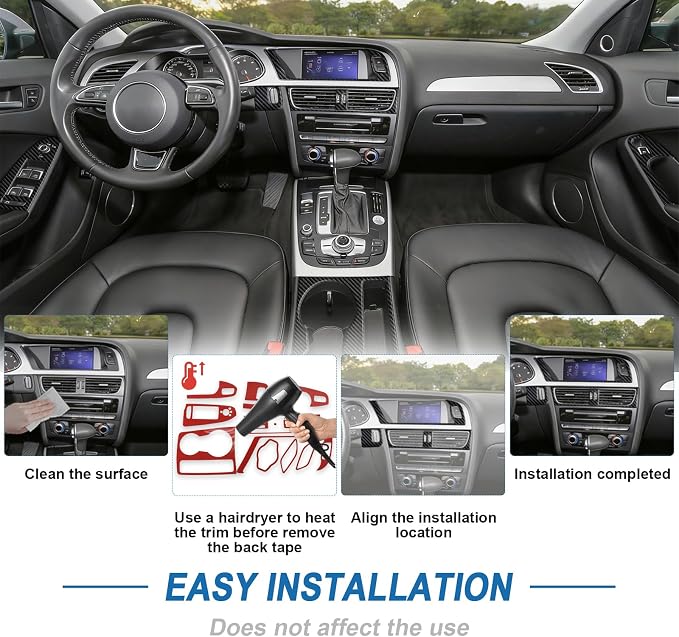 13PCS Real Carbon Fiber Interior Trim Kit Compatible with 2009–2016 Audi A4, Full Set Decor Stickers for Gear Shift, Center Console, Cup Holder, Door Armrest, Headlight Switch, Keyhole Frame