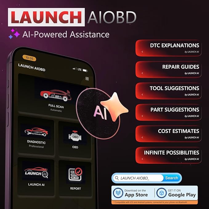 LAUNCH AIOBD AI-Powered Bluetooth OBD2 Scanner Full System AI-Assisted Diagnostic Tool OBD-II Code Reader Work with iOS/iPhone & Android