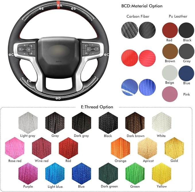 MEWANT Steering Wheel Cover for Chevy Silverado 1500 2019-2024/2500 3500 2020-2024/Blazer 2019-2024/Suburban Tahoe 2021-2024 Carbon Fiber Hand-Stitched Steering Wheel Wrap