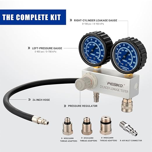 Cylinder Leak Tester Kit, Dual-Gauge 0-100PSI/700kPa, Locate Leak Sources Fits 10-18mm Spark Plugs Gas Engine Diagnostic Tool