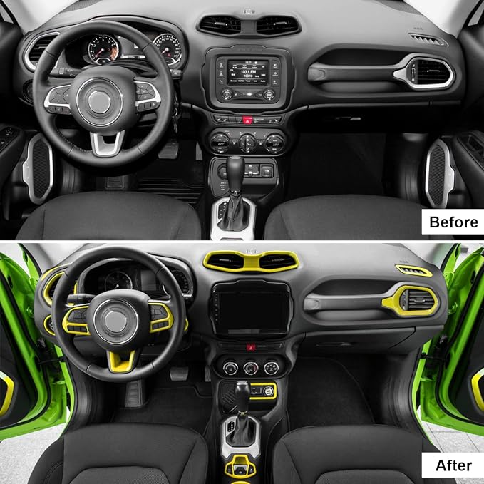 CheroCar 31 PCS Full Set Interior Decoration Trim Kit Steering Button Cover Door Handle Cover Air Outlet Cover Cup Holder Gear Cover Trim Door Speaker Cover for Jeep Renegade 2016-2018,Yellow…