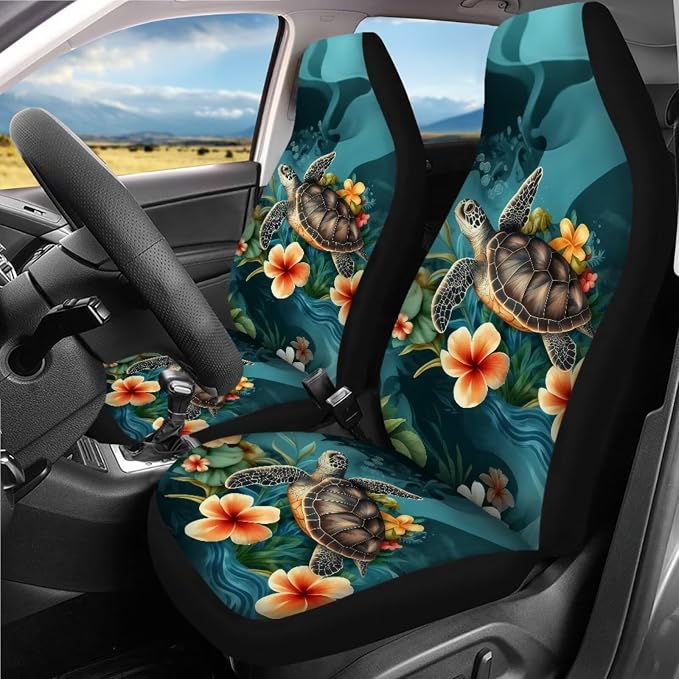 Sea Turtl Car Seat Covers Full Sets 18 Pack Universal Car Interior Accessories Sets with Sea Turtle Car Seat Belt Pads Cover Covers for Steering Wheel Car Trashcan Soft Car Headrest Covers