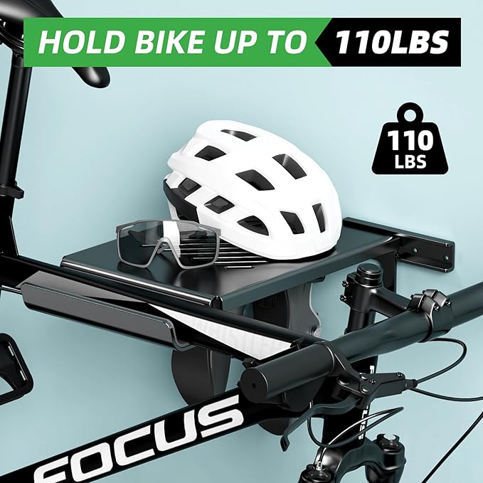 Bike Wall Mount Rack Indoor Bike Storage Garage Bike Rack Wall Mount with Shelf and Hooks Store Your Helmet and Shoes for a Single Road, Mountain or Other Bicycle (Universal Bicycle,16" Stud)