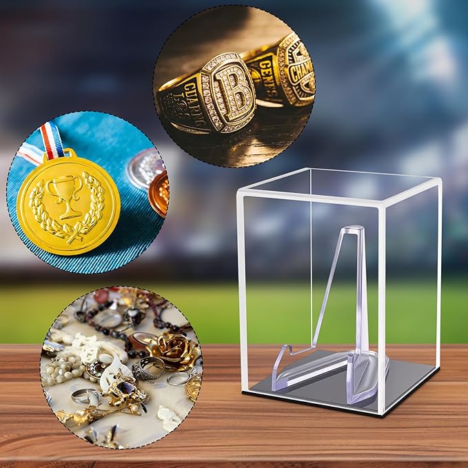 Hooqict Championship Ring Display Case Clear Acrylic Ring Case Display Box UV Protected with Base for Sports Baseball Softball Football Single Ring Coin Holder Stand