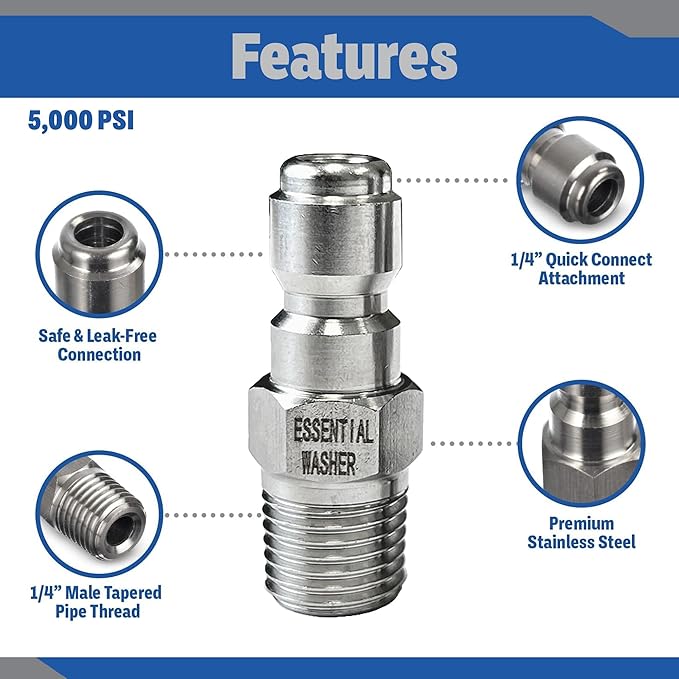 Essential Washer Stainless Steel ¼” Plug Male NPT | Pressure Washer Quick Connect Fittings | 5000 PSI | Set Of 4