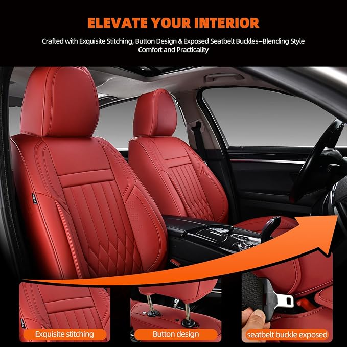 5-Seater Waterproof and Breathable Nappa Leather Car Seat Covers Full Set, Fit for Front and Rear Seats of Cars, Compatible with Airbags, Car Seat Protector Covers for Most Cars - Wine red