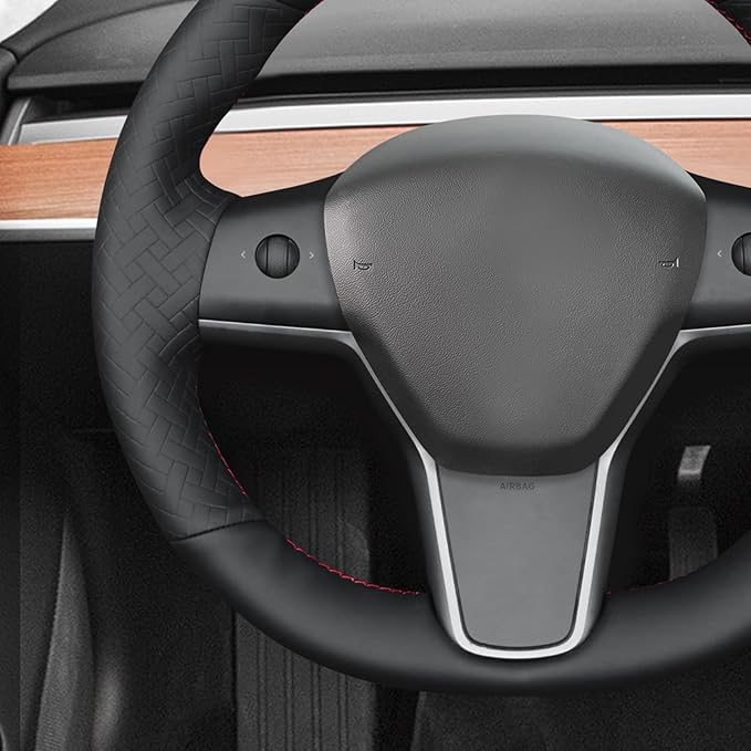 MEWANT Hand Stitch Black Woven Embossed Artificial Leather Steering Wheel Cover for Tesla Model Y 2023 Model 3 2017-2023