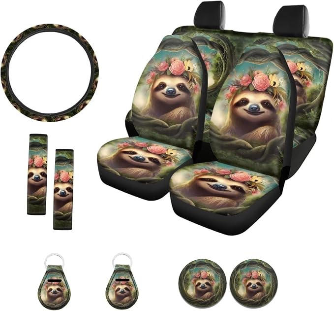Suobstales Cute Sloth Print Car Seat Covers Full Set for Women Girly Seat Cover Protector Auto Decorative with Steering Wheel Cover +Seat Belt Covers +Coasters +Keychains