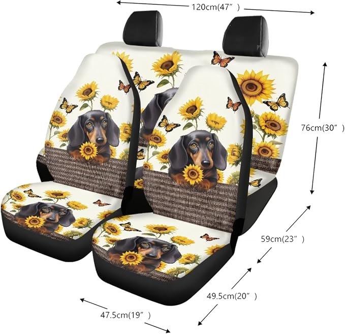 Dachshund Sunflower Butterfly Pattern Car Accessories Pack of 13, Front and Rear Seat Covers Full Set, 1 Steering Wheel Cover 4 Safe Belt Covers 4 Coasters Universal Fit for Auto SUV Truck