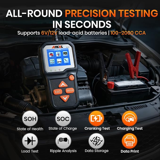 ANCEL BA301 6V 12V Car Battery Tester, 100-2000 CCA Automotive Load Tester Alternator Tester Auto Digital Battery Analyzer Cranking and Charging System Test Tool for Motorcycle Car Boat Truck SUV ATV