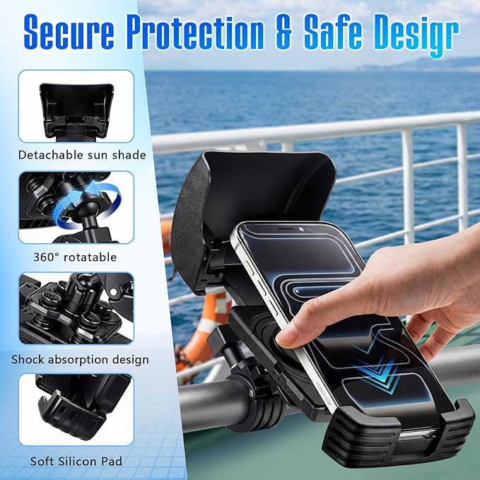 Tellegloww 1 Pack Boat Phone Holder, Marine Cell Phone Holder with Sunshade, Black 360 Degree Adjustable Knob Crab Clamp, Smartphone Accessory for Boat Rail, Car, Cycling, Pontoon and Outdoor Use