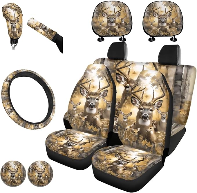 KEIAHUAN Car Seat Cover Full Set 11 Pieces Deer Hunting Camouflage with Stretchy Steering Wheel Cover,Headrest Cover,Gear Shift Knob Cover & Handbrake Cover,Coasters,Fit Most Van Sedan Truck SUV