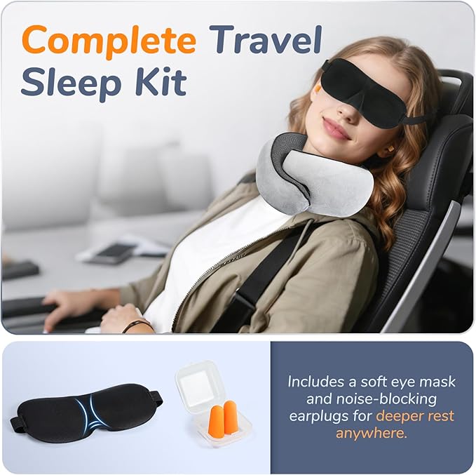 SYNNA Travel Neck Pillow for Airplane & Car, 360° Head and Chin Support, Ergonomic Memory Foam with Silky-Smooth Breathable Washable Cover for Flights, Road Trips & Office Naps